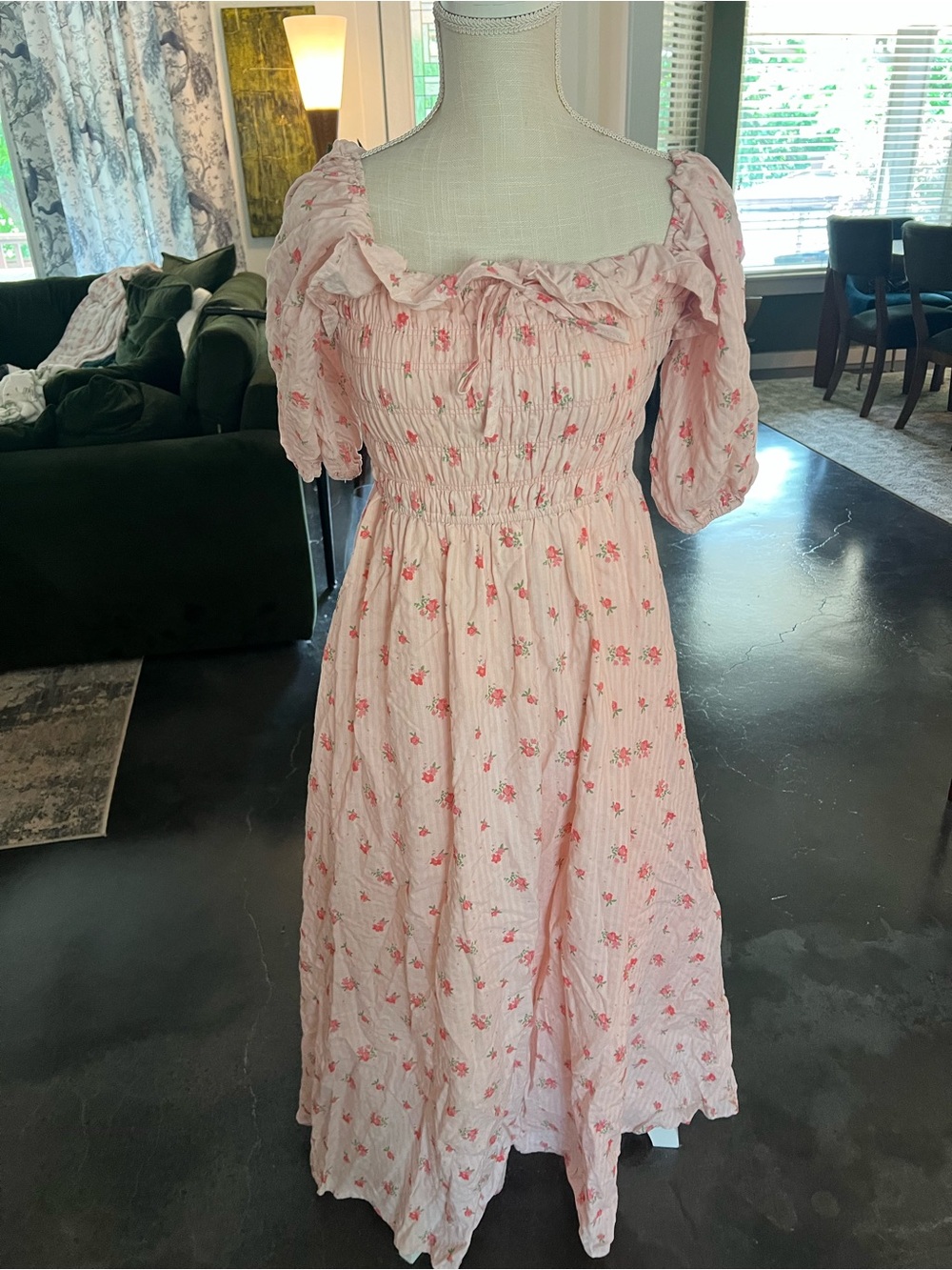 Women's Pink Floral Maxi Dress with Ruffle Neckline